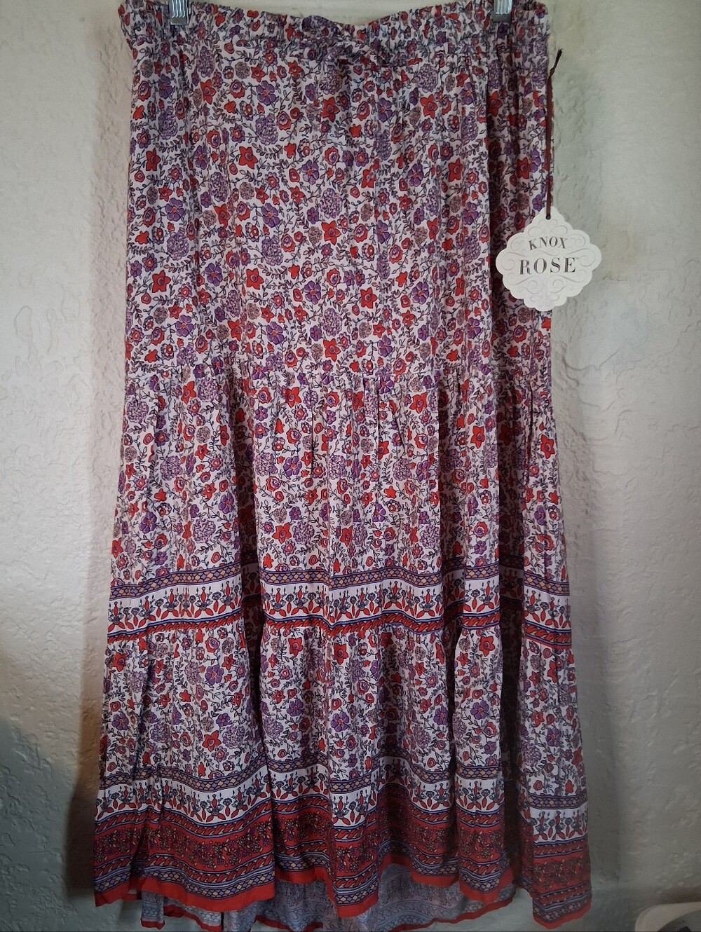 Knox Rose Red and Purple Floral Tiered Maxi Skirt Hi Lo Hem SZ L NWT